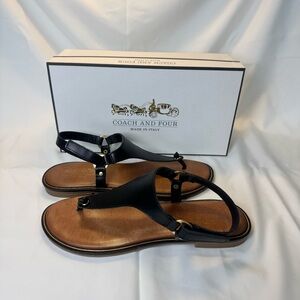 Coach and Four Black Leather T-Strap Sandals